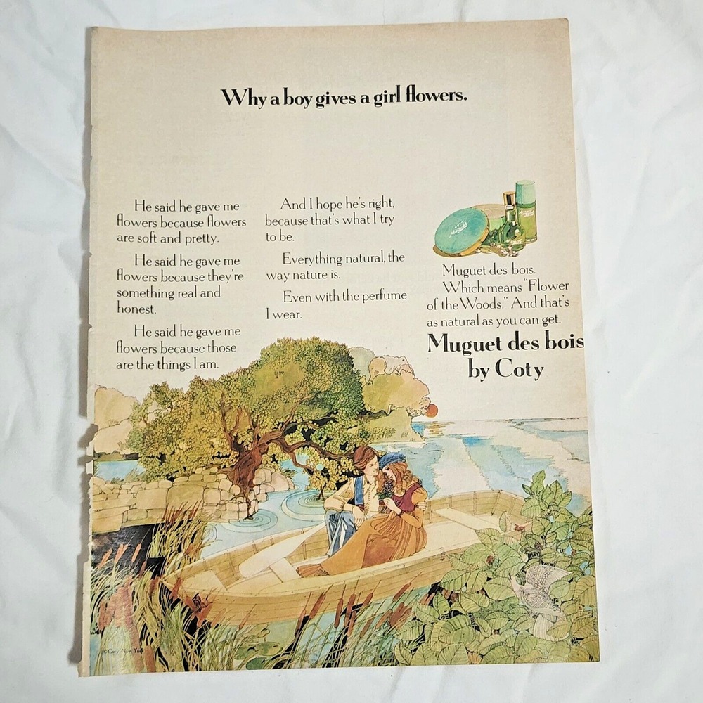 Vintage 1971 Muguet des bois by Coty Perfume Print Ad Drawing Clipping 8x11